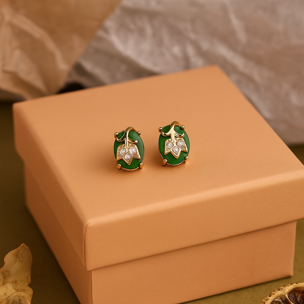 Elegant Green Stone Leaf Design Stud Earrings