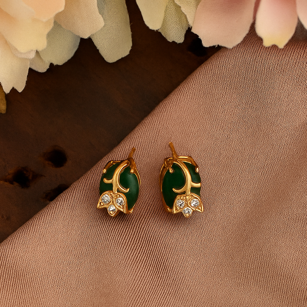 Elegant Green Stone Leaf Design Stud Earrings