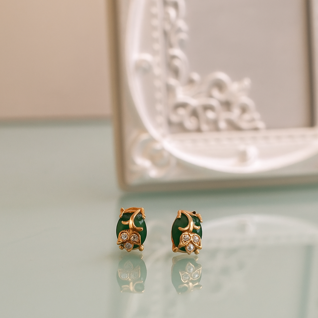 Elegant Green Stone Leaf Design Stud Earrings