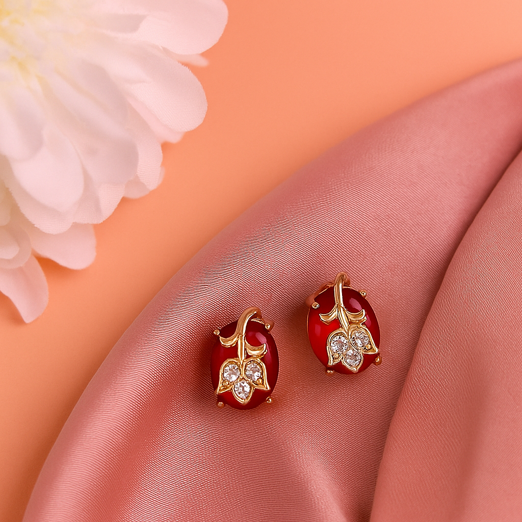 Classy Red Stone Leaf Design Stud Earrings