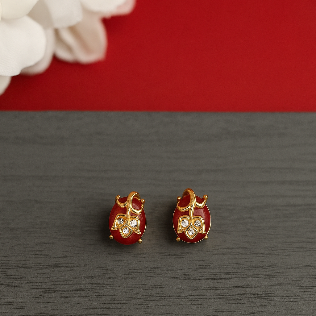 Classy Red Stone Leaf Design Stud Earrings