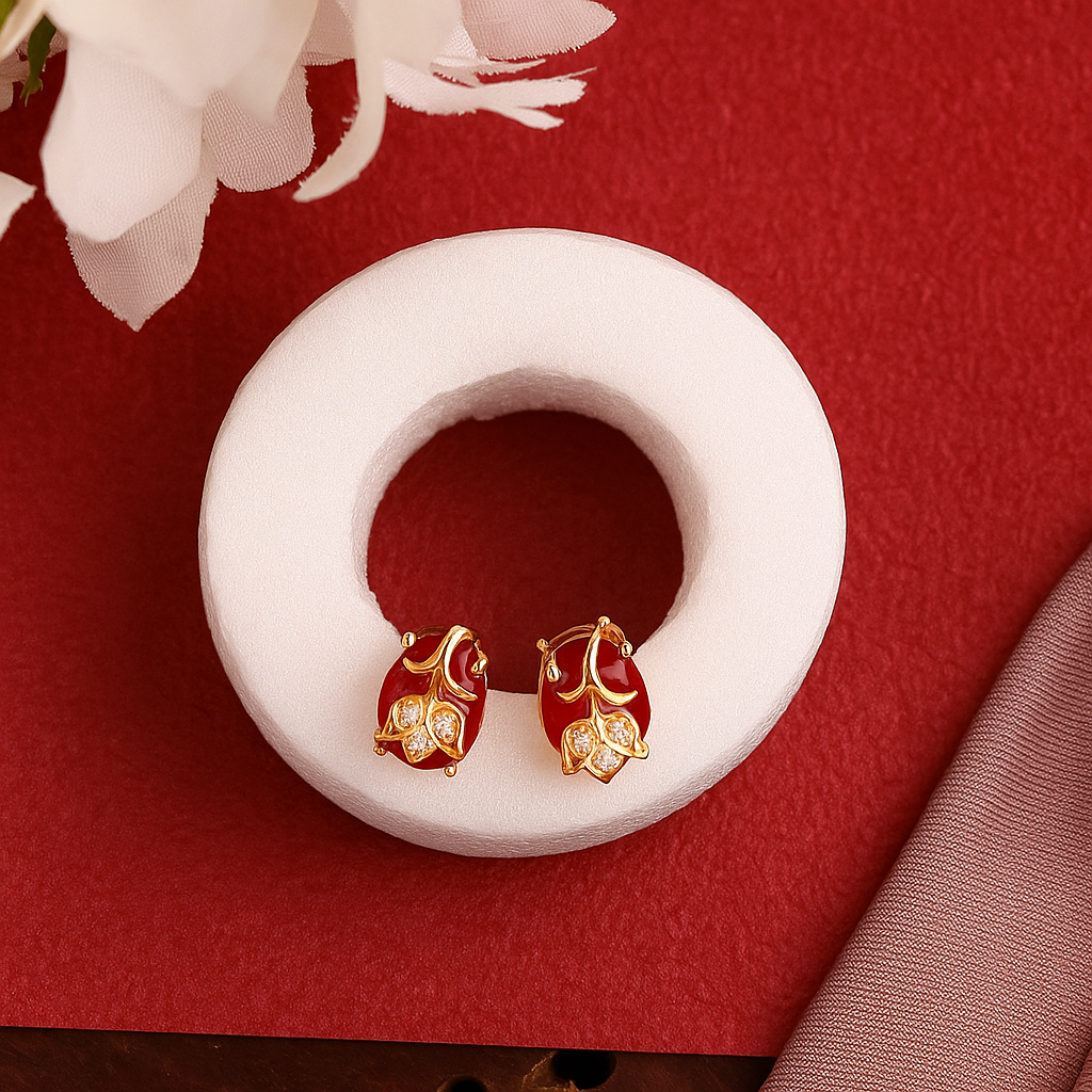 Classy Red Stone Leaf Design Stud Earrings