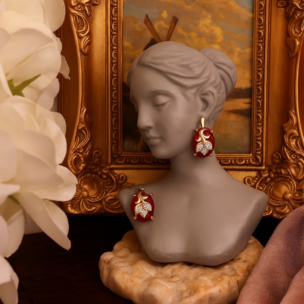 Classy Red Stone Leaf Design Stud Earrings