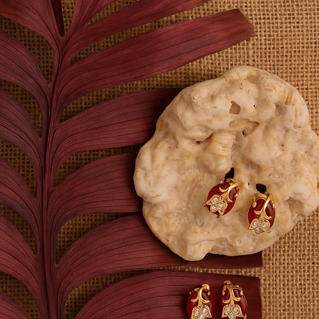 Classy Red Stone Leaf Design Stud Earrings