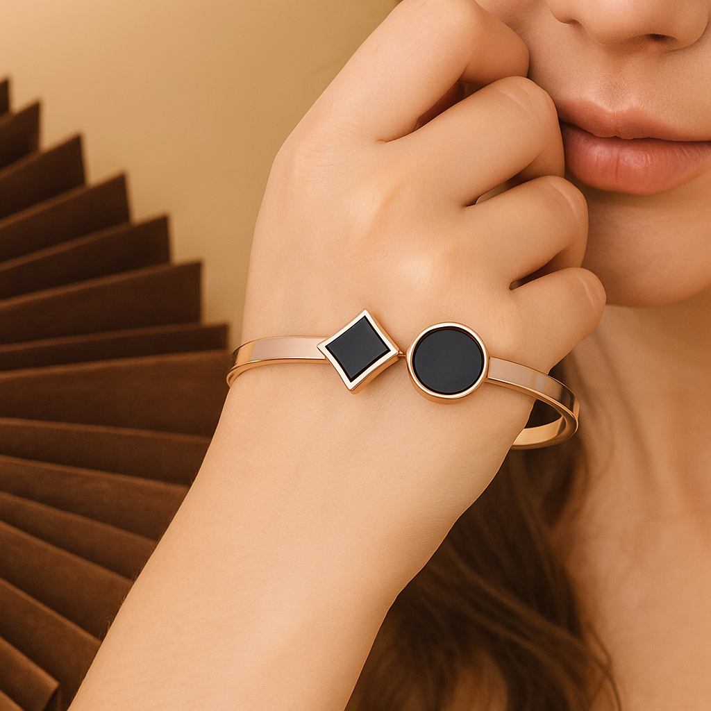 Gold Plated Black Enamel Bracelet – Adjustable Minimalist Bangle