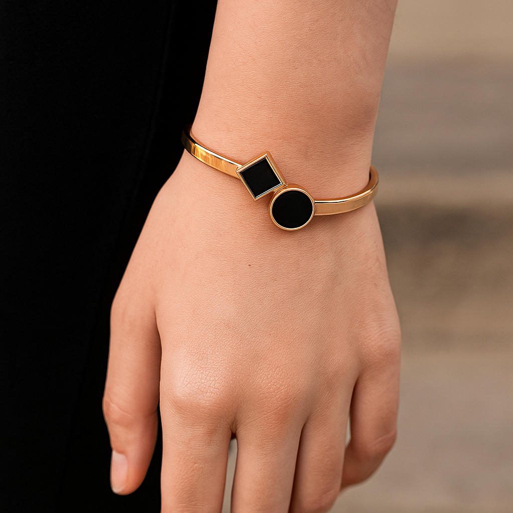 Gold Plated Black Enamel Bracelet – Adjustable Minimalist Bangle