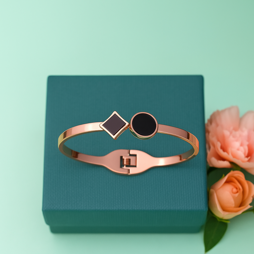 Gold Plated Black Enamel Bracelet – Adjustable Minimalist Bangle