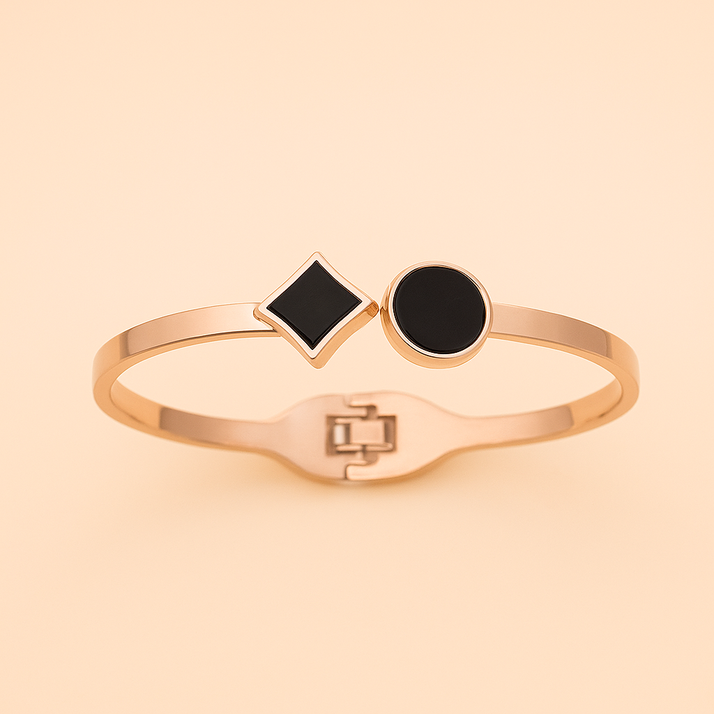 Gold Plated Black Enamel Bracelet – Adjustable Minimalist Bangle