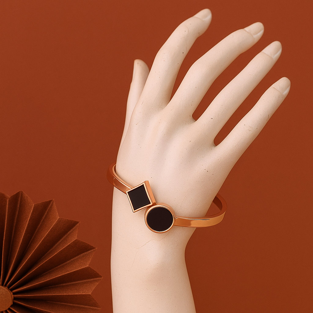 Gold Plated Black Enamel Bracelet – Adjustable Minimalist Bangle