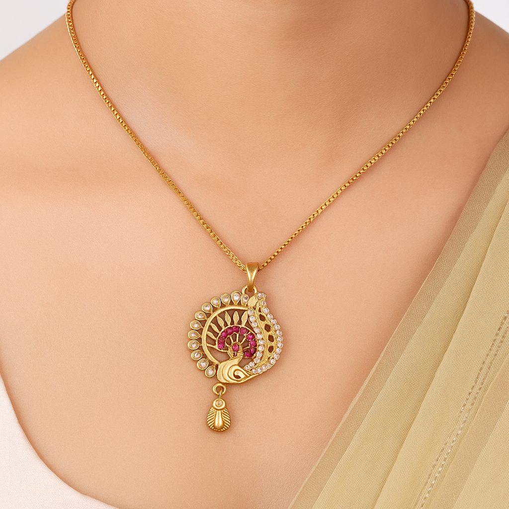 Peacock Inspired Crystal & Red Stone Pendant