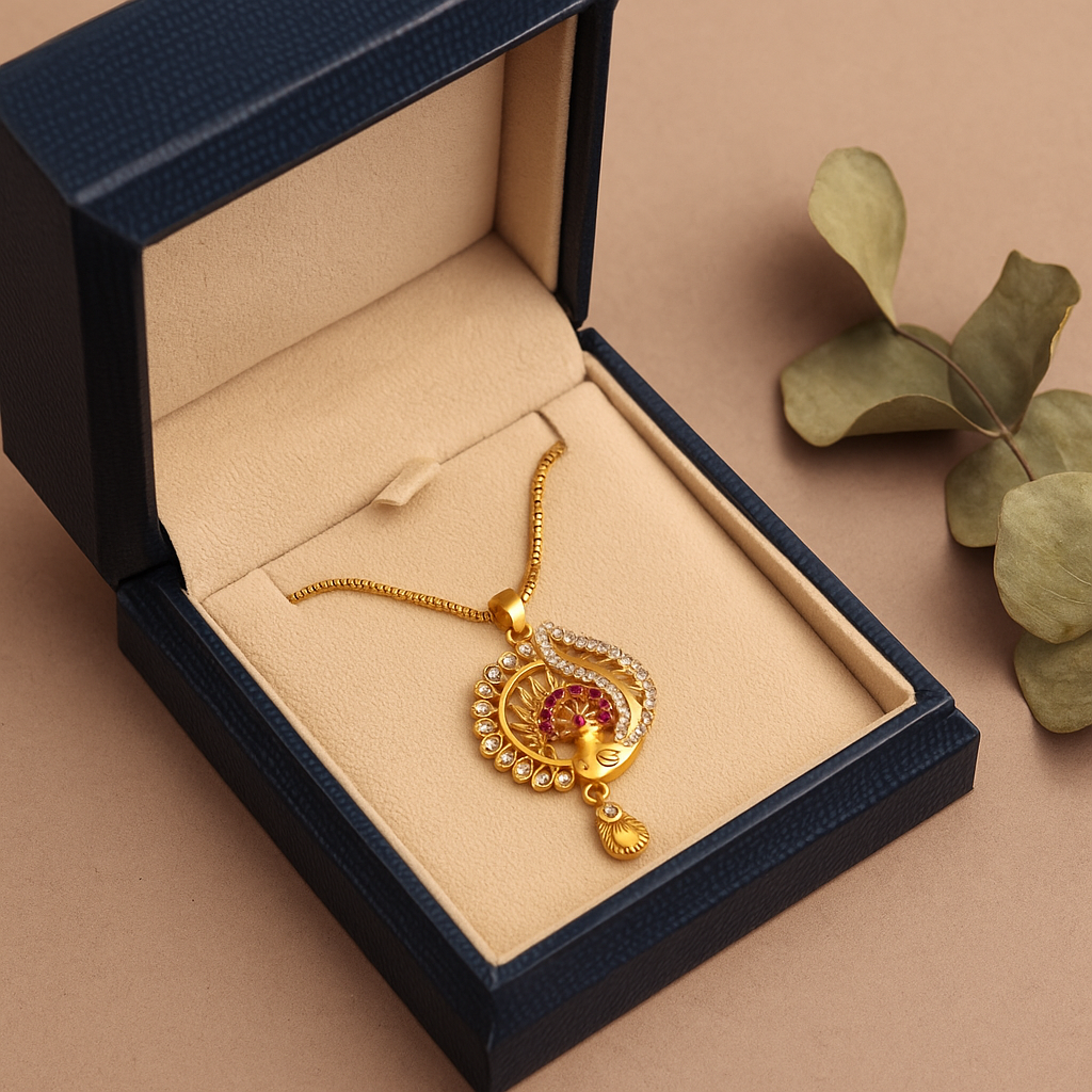 Peacock Inspired Crystal & Red Stone Pendant