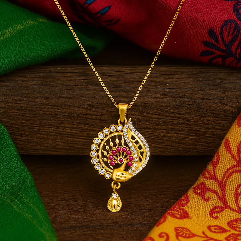Peacock Inspired Crystal & Red Stone Pendant