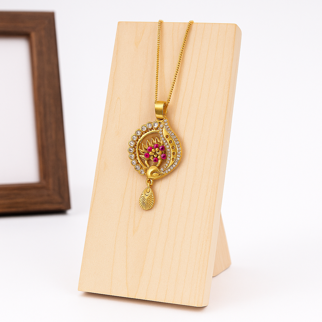 Peacock Inspired Crystal & Red Stone Pendant
