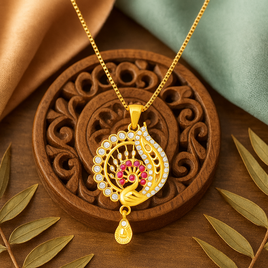 Peacock Inspired Crystal & Red Stone Pendant