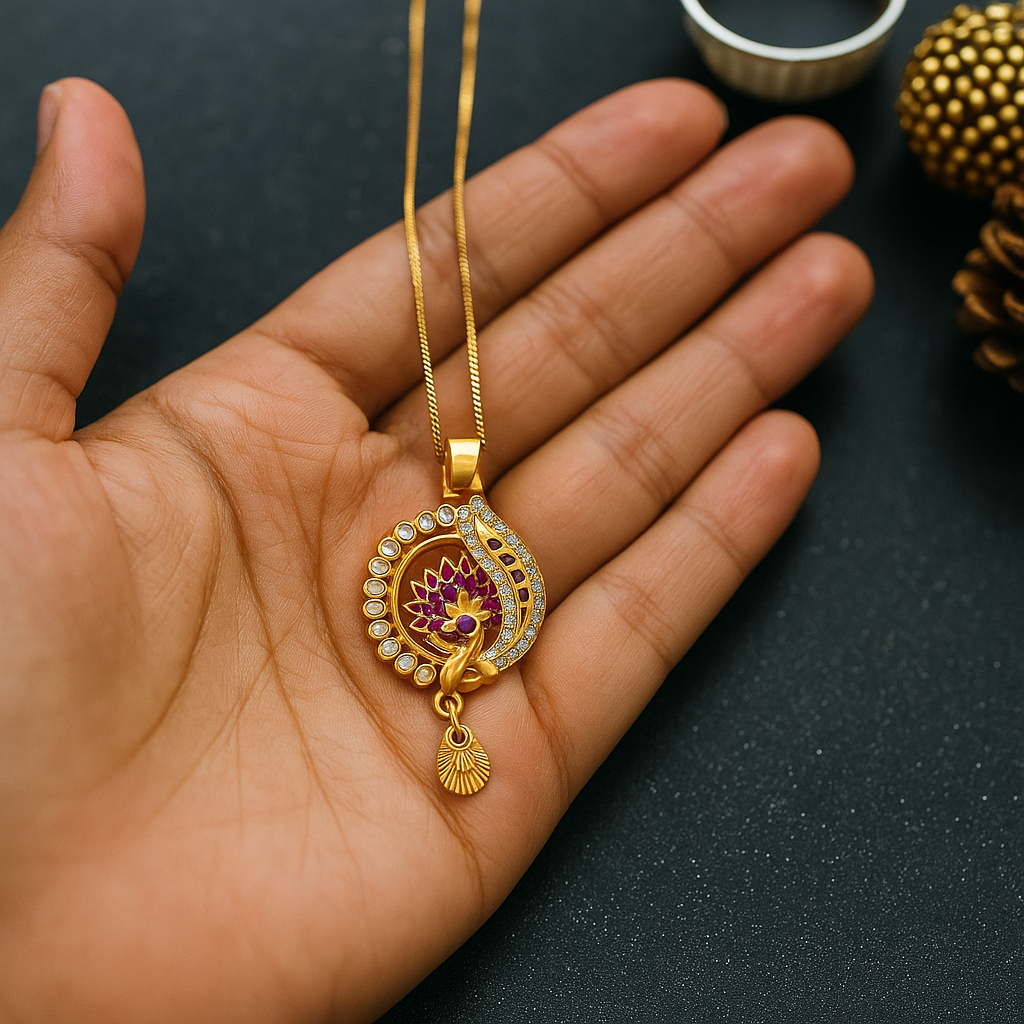 Peacock Inspired Crystal & Red Stone Pendant