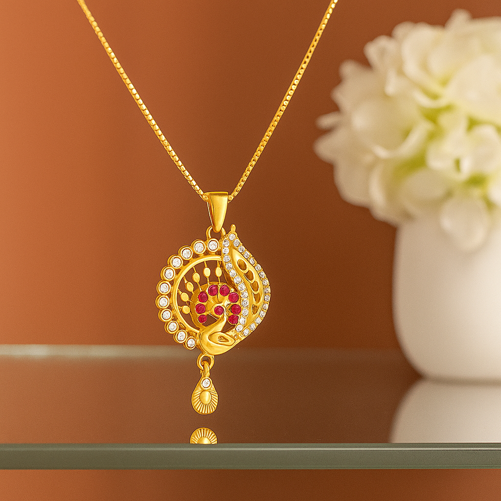 Peacock Inspired Crystal & Red Stone Pendant