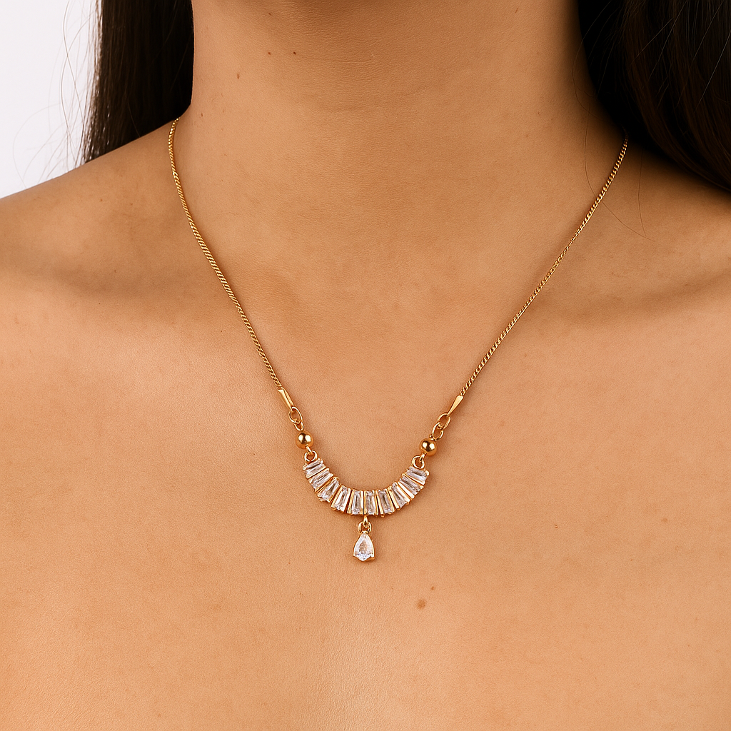 Semi-Circle Crystal Stone Pendant Chain Necklace