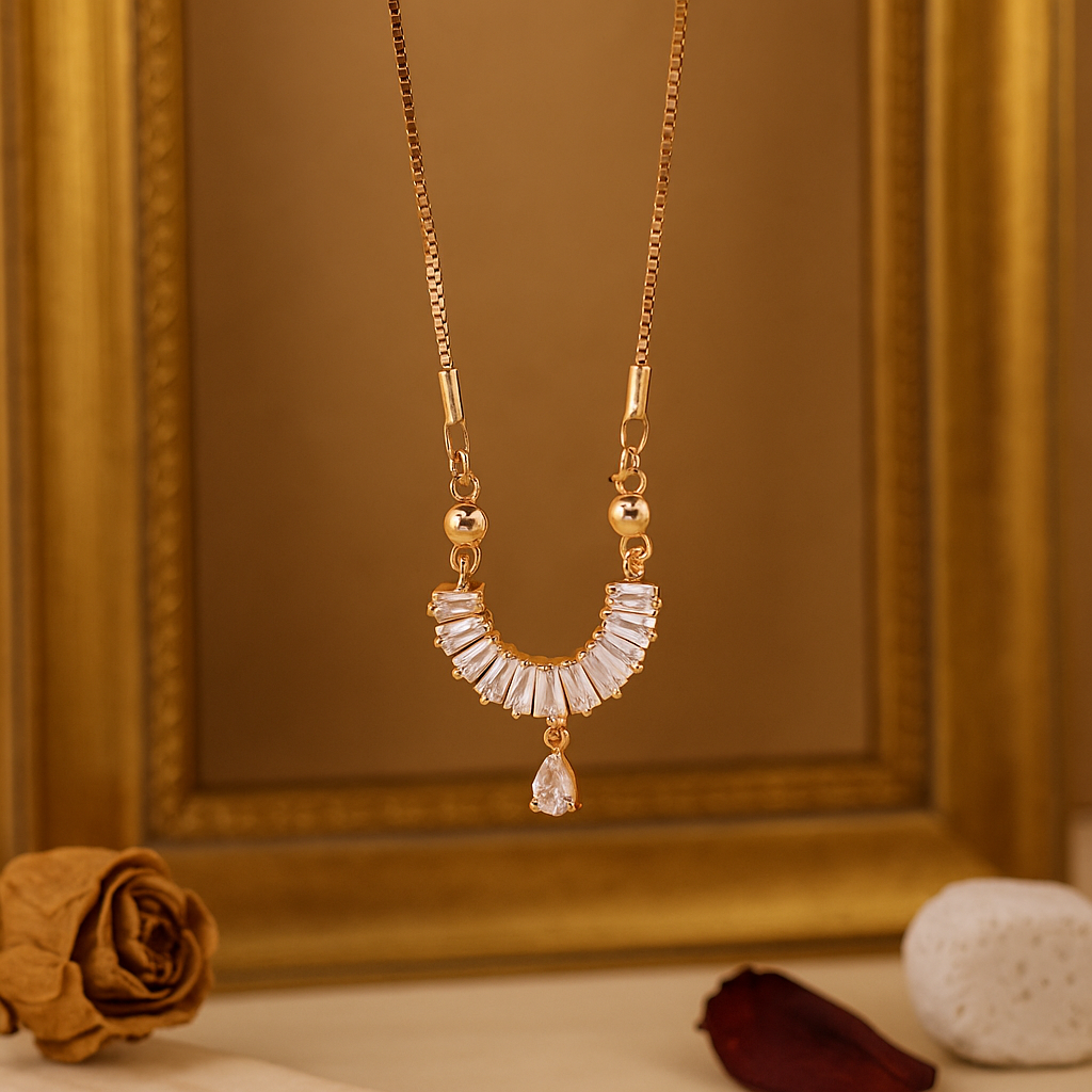 Semi-Circle Crystal Stone Pendant Chain Necklace