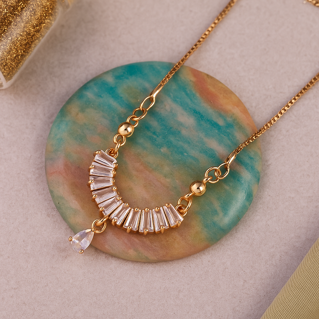 Semi-Circle Crystal Stone Pendant Chain Necklace