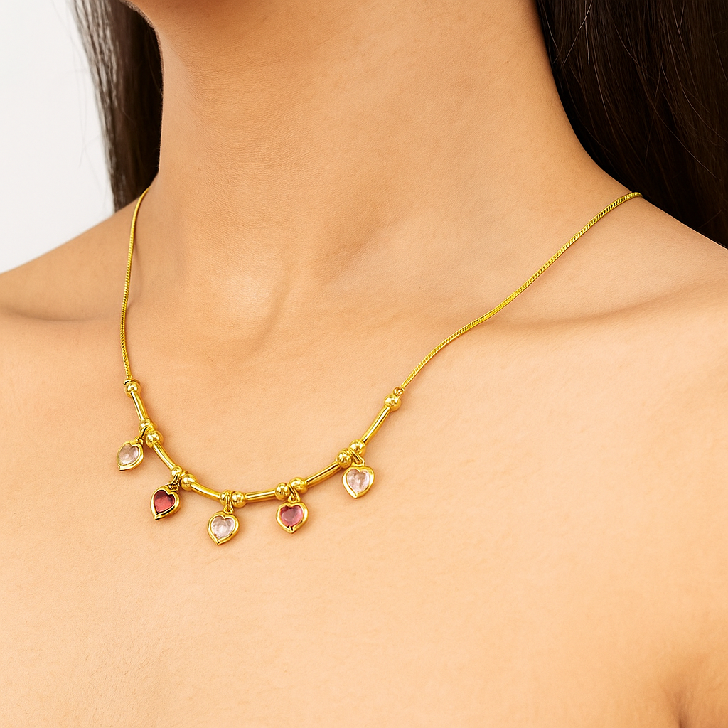 Heart Charm Multicolor Stone Chain Necklace