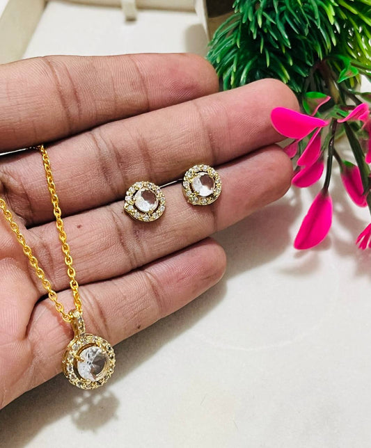 Atarangi Gold Round Crystal Pendant & Stud Earring Set For Women