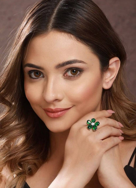 Elegant Green Floral Gemstone Adjustable Finger Ring for Women