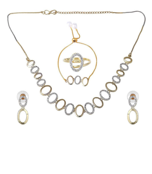 Elegant Oval Link Jewelry Set – Gold & Silver Tone Necklace, Bracelet, Earrings & Ring