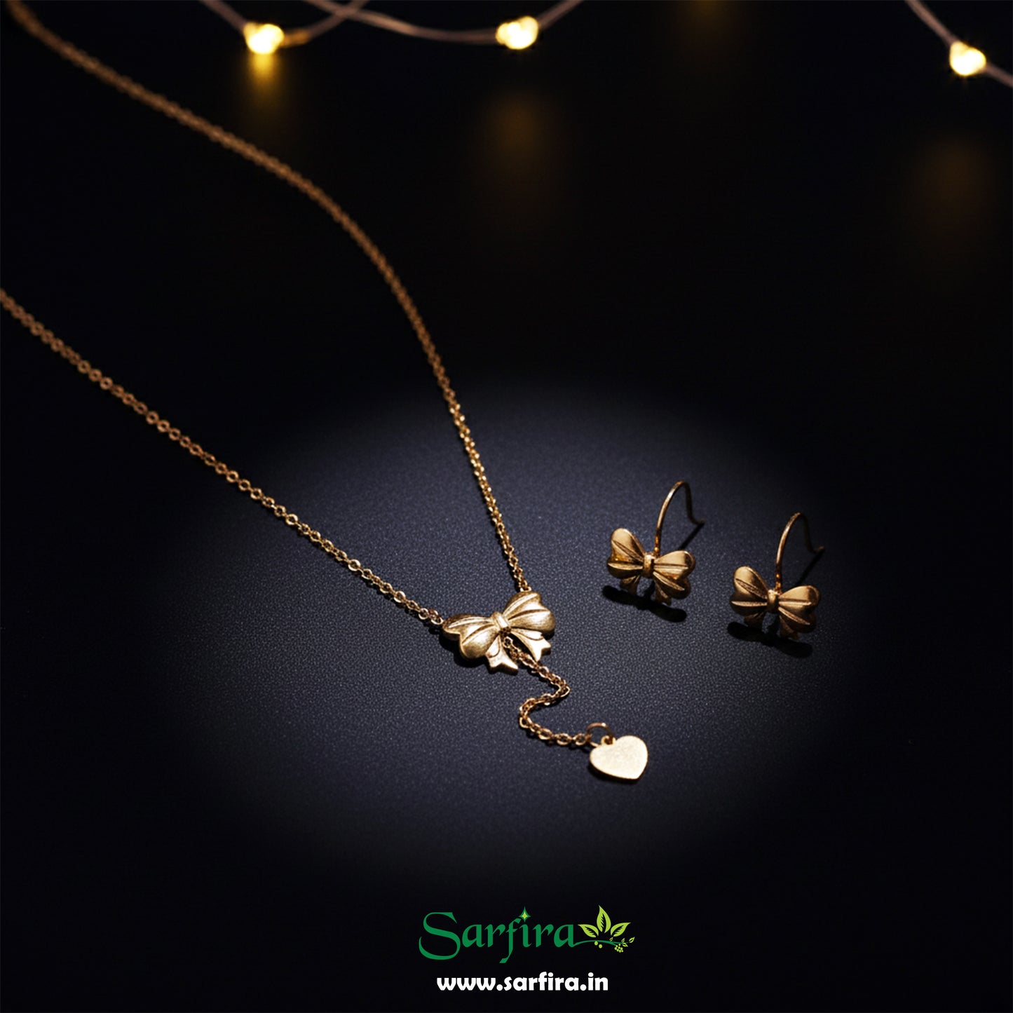 Gold Bow Tie Lariat Necklace & Stud Set