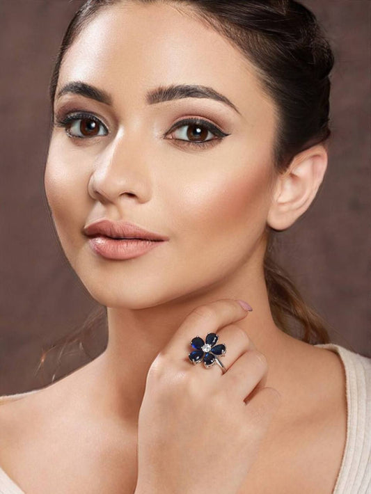 Blue Floral Gemstone Adjustable Finger Ring for Women