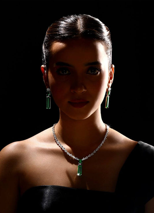 Dark Green Rectangle Necklace & Earring Set – Luxury Bridal & Party Jewelry