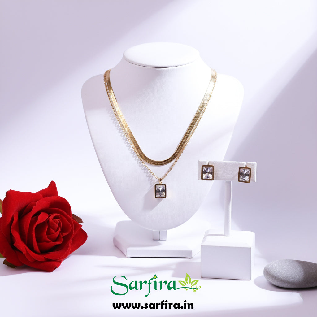Anti-Tarnish Gold Dual-Layer Necklace & Square Stud Set