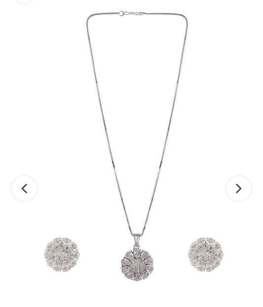 Atarangi Flower Design Premium Chain Pendant & Earring Set – Sparkling American Diamond Jewelry for Women