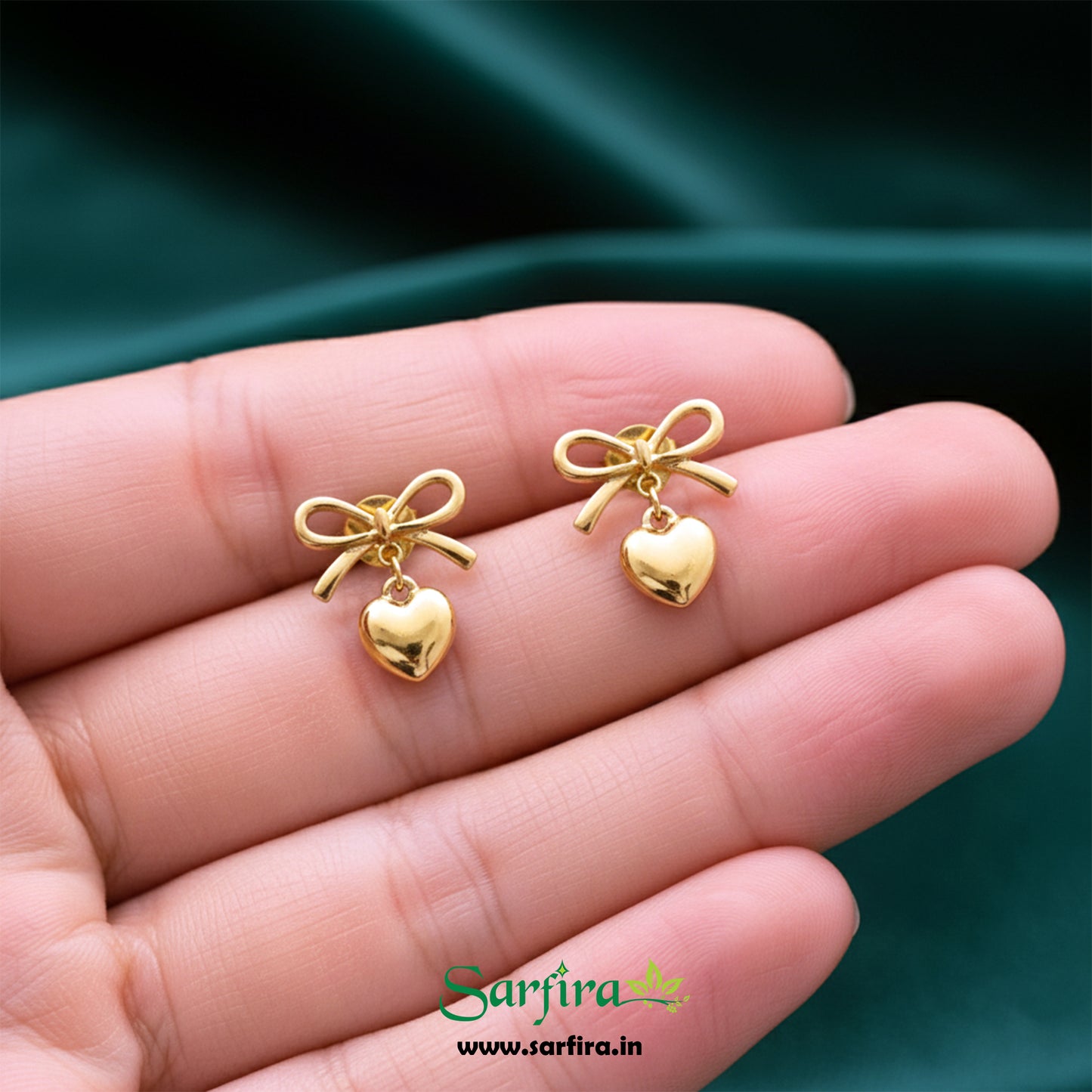 Gold Bow Tie Heart Drop Stud Earrings