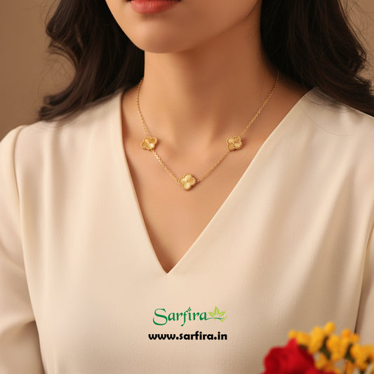 Anti-Tarnish Gold Clover Station Chain Necklace