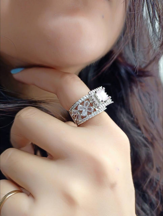 Square Diamond Finger Ring - Silver