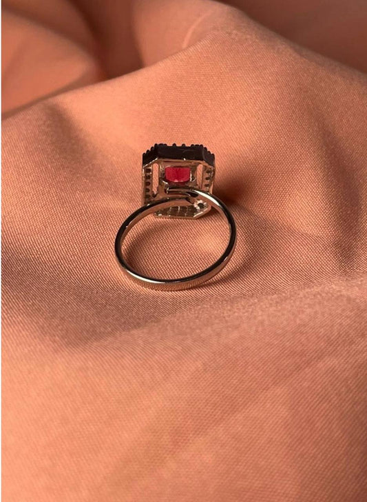 Red Stone Halo Diamond Ring for Women