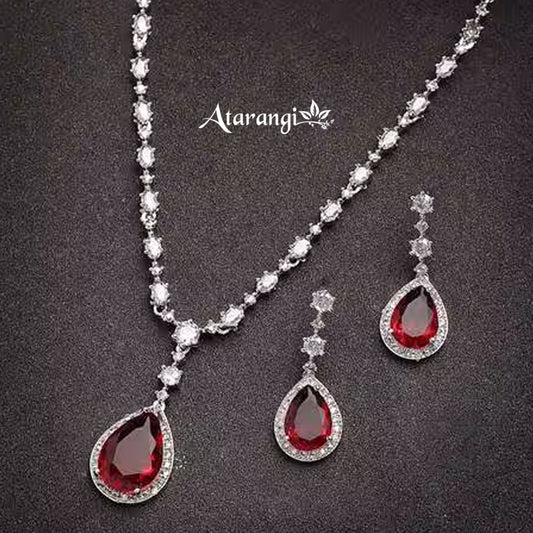 Elegant Ruby Red Teardrop Necklace Set with CZ Stones – Bridal & Party Wear