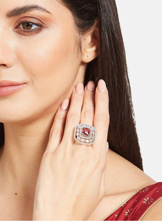 Luxury Red Gemstone Square Designer Finger Ring for Women