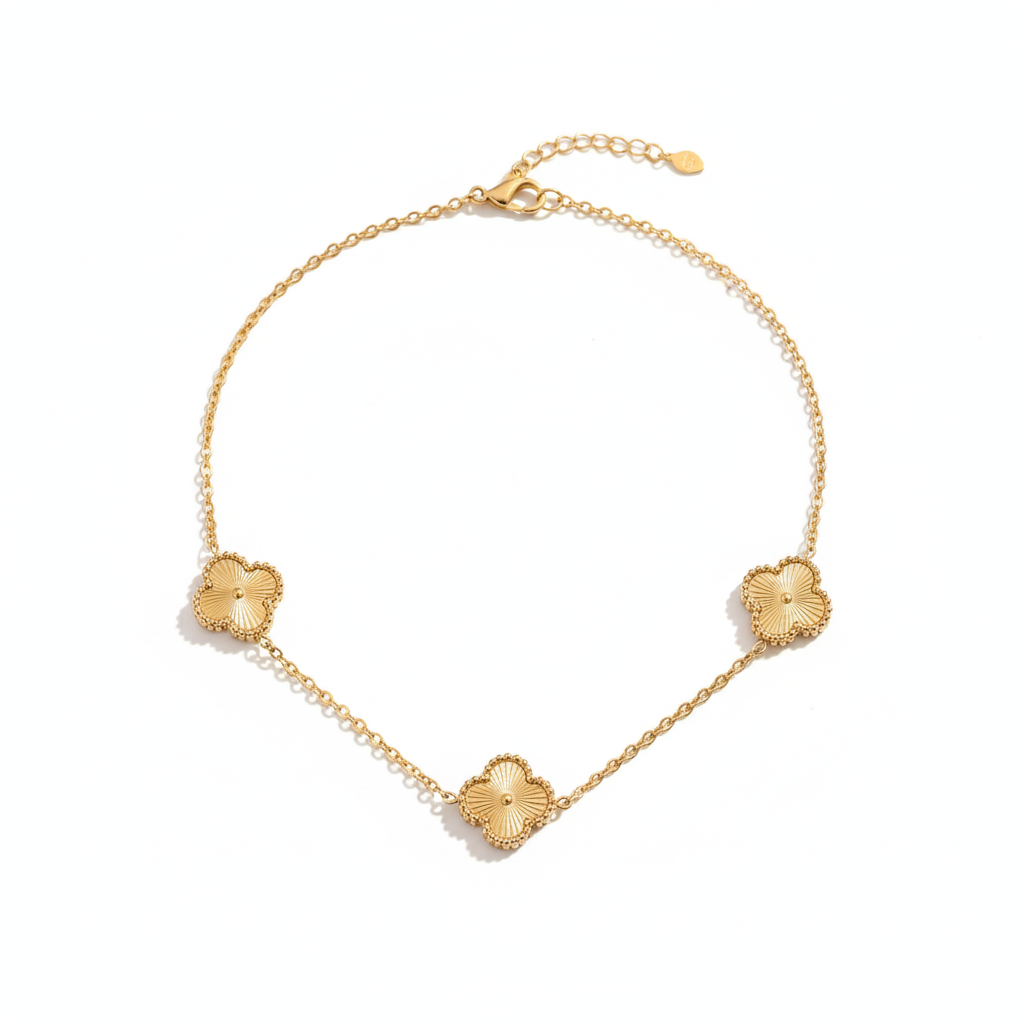Anti-Tarnish Gold Clover Station Chain Necklace