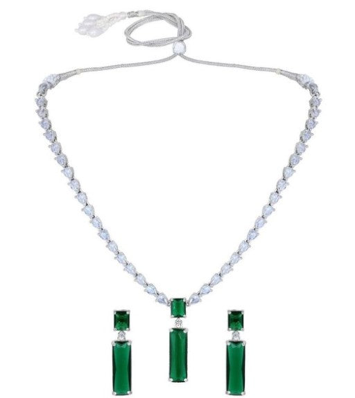 Dark Green Rectangle Necklace & Earring Set – Luxury Bridal & Party Jewelry