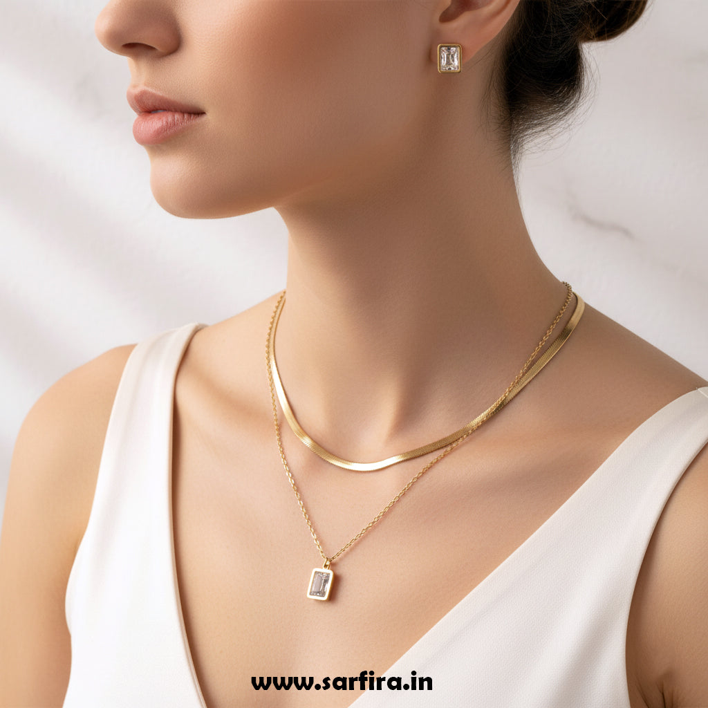 Anti-Tarnish Gold Dual-Layer Necklace & Square Stud Set