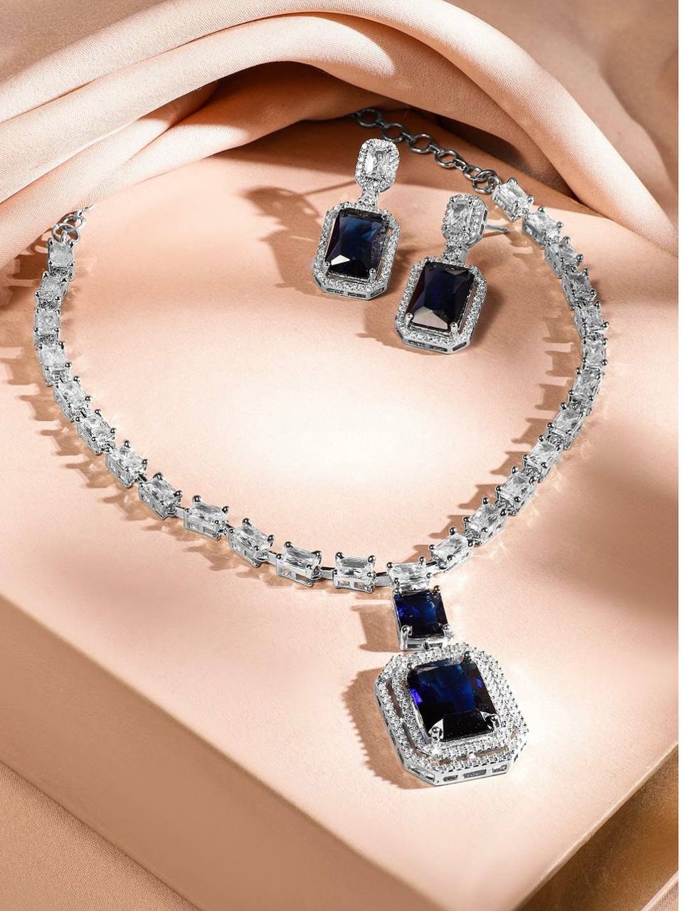 Luxury Sapphire Blue Stone Necklace Earrings Set | Bridal, Wedding & Party Jewelry