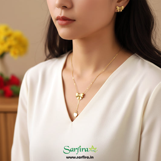 Gold Bow Tie Lariat Necklace & Stud Set