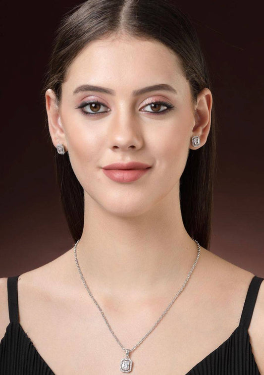 Atarangi Square Crystal Pendant & Earring Set – Silver Chain Jewelry