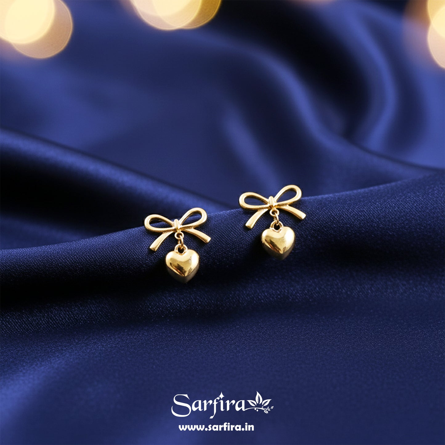 Gold Bow Tie Heart Drop Stud Earrings