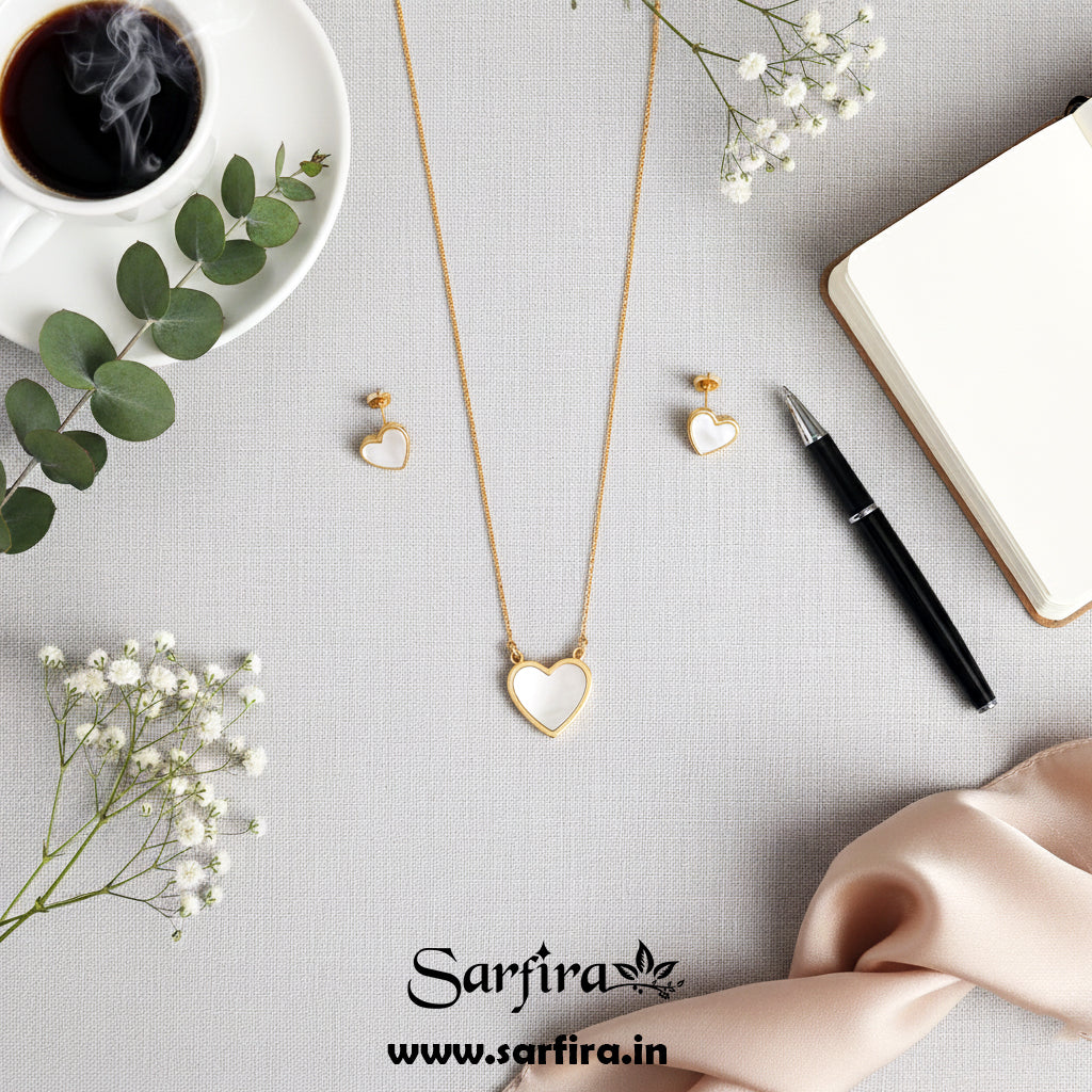 Anti-Tarnish Gold Heart Necklace & Stud Earring Set