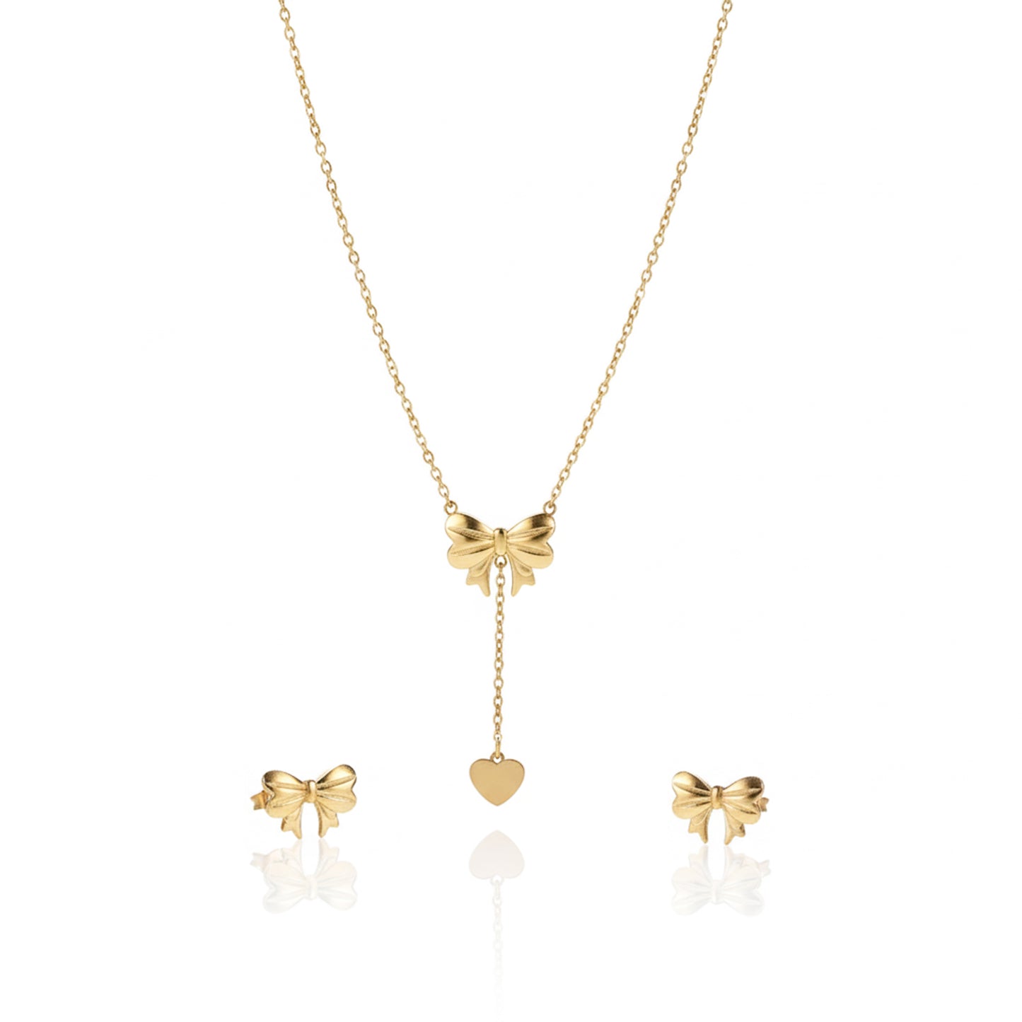 Gold Bow Tie Lariat Necklace & Stud Set