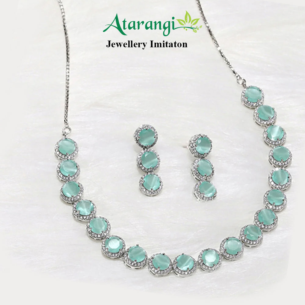 Mint Green Stone Necklace Set with Earrings – Wedding & Party Jewelry