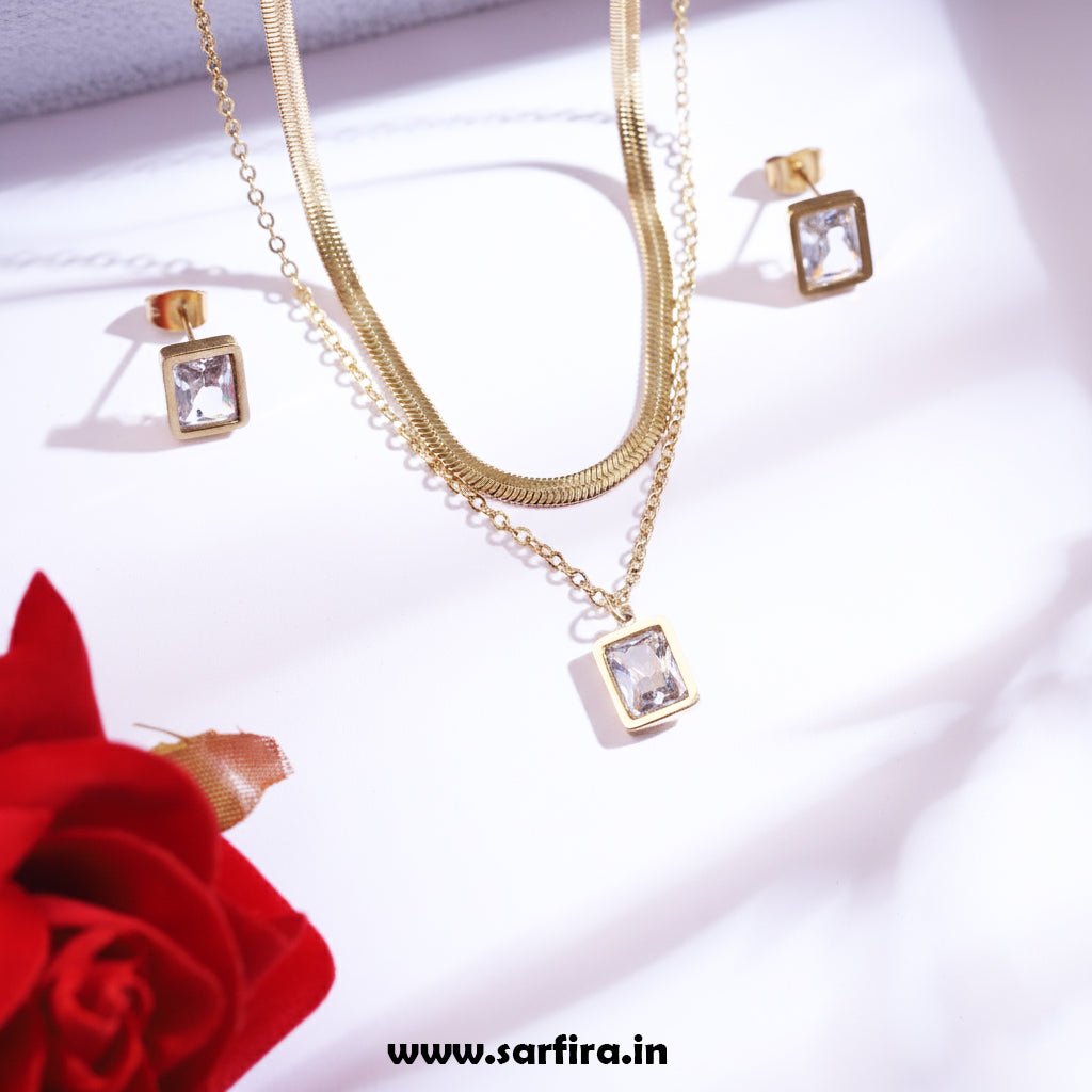 Anti-Tarnish Gold Dual-Layer Necklace & Square Stud Set