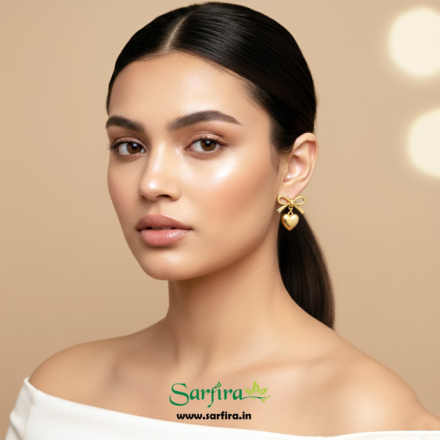 Gold Bow Tie Heart Drop Stud Earrings